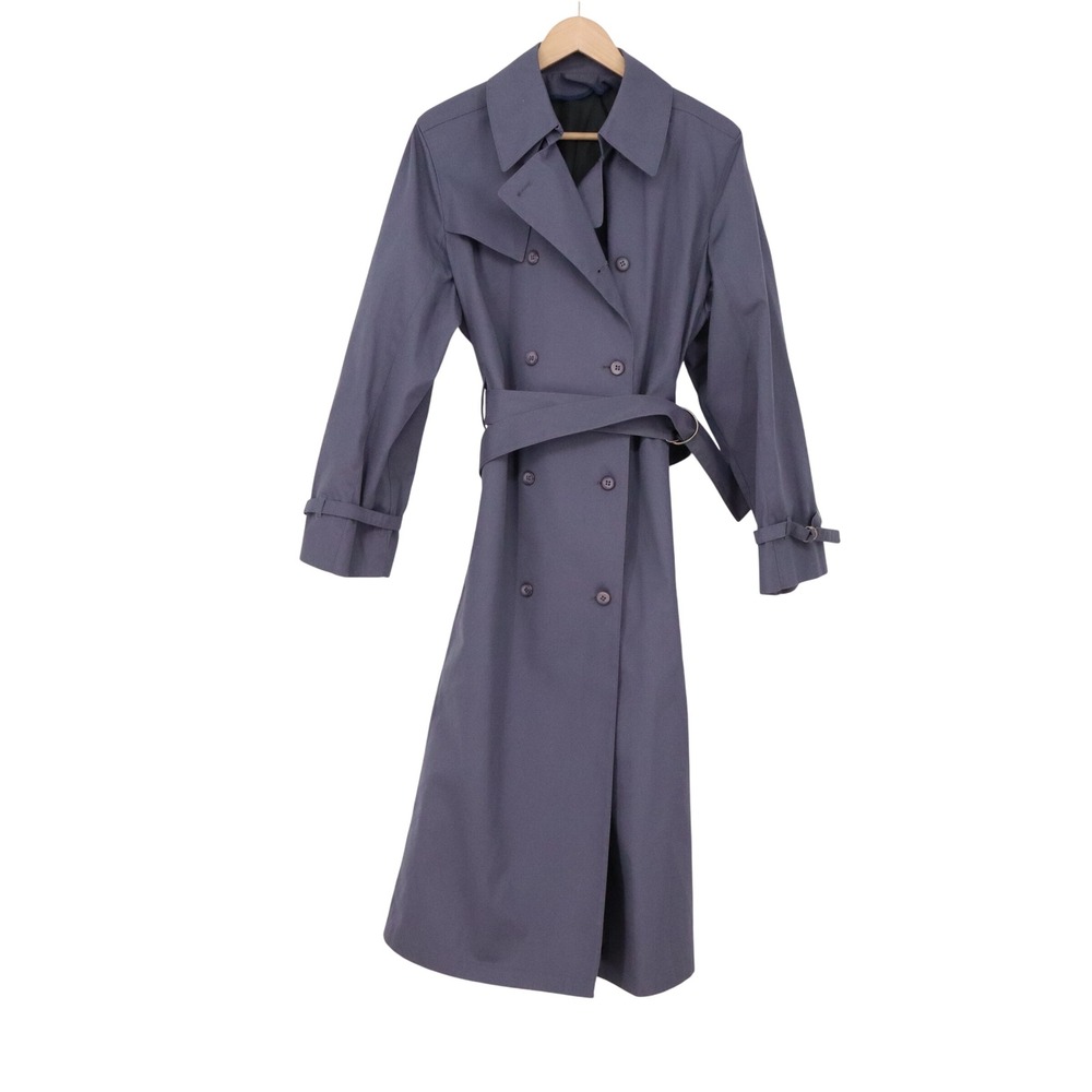 London Fog Trench Coat Womens 14 Reg Double Breasted Slate Blue Belted Excellent